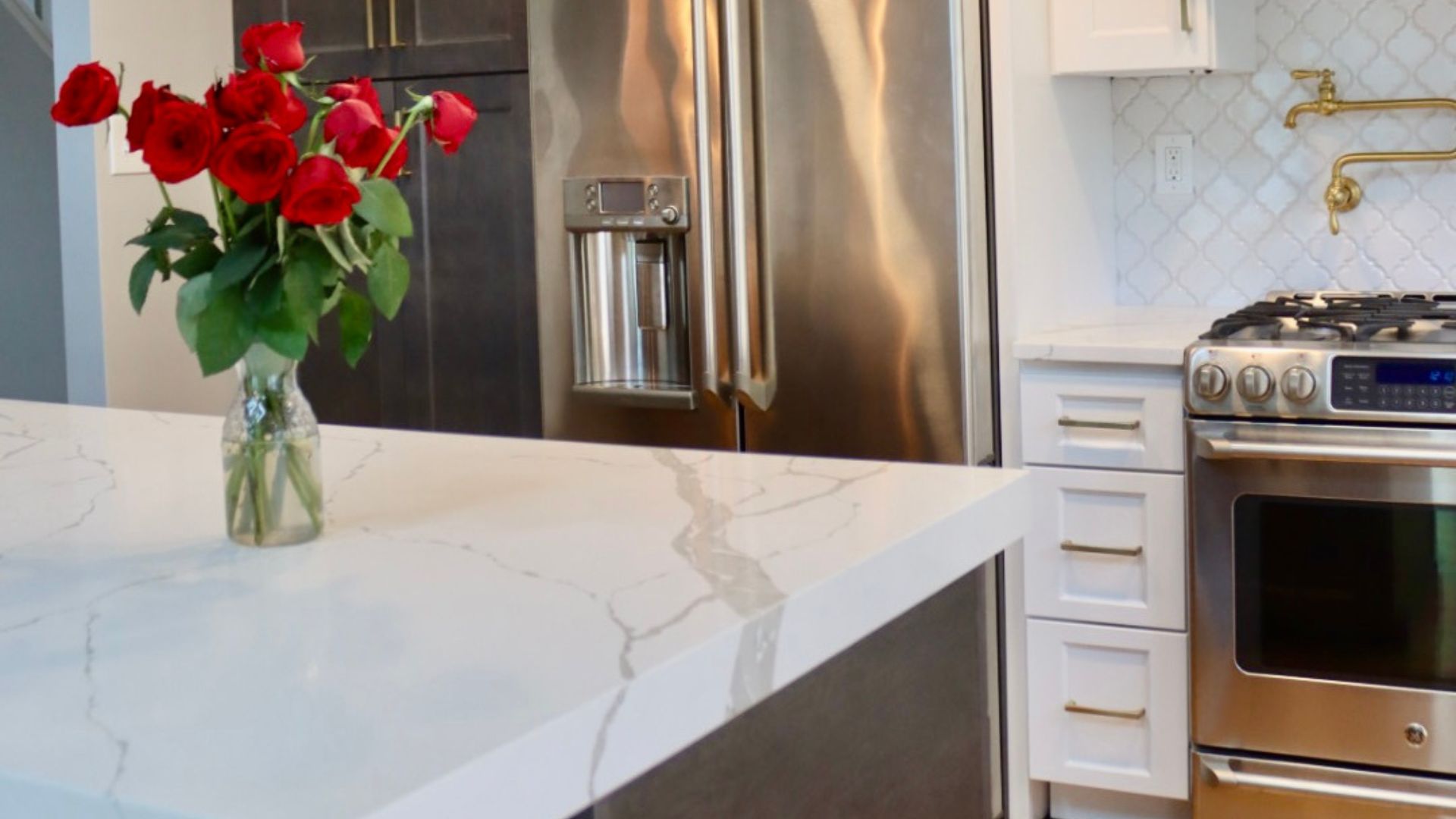 marble countertops in a bright kitchen